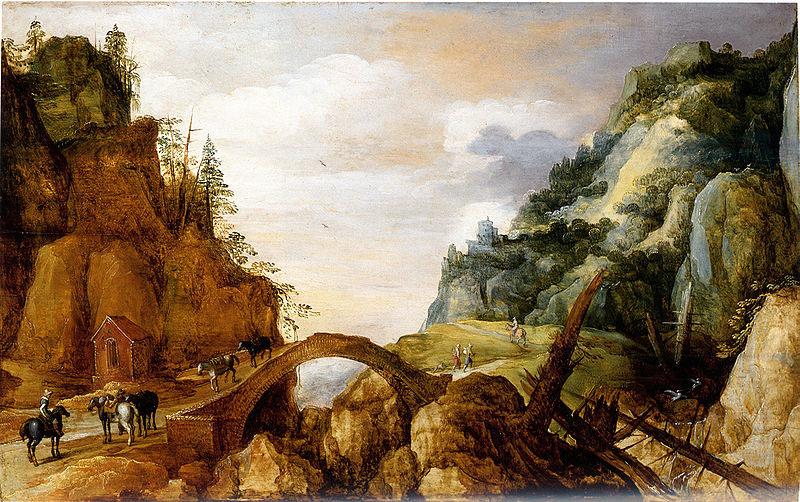 Joos de Momper mountainous landscape with horsemen and travellers crossing a bridge. oil painting image